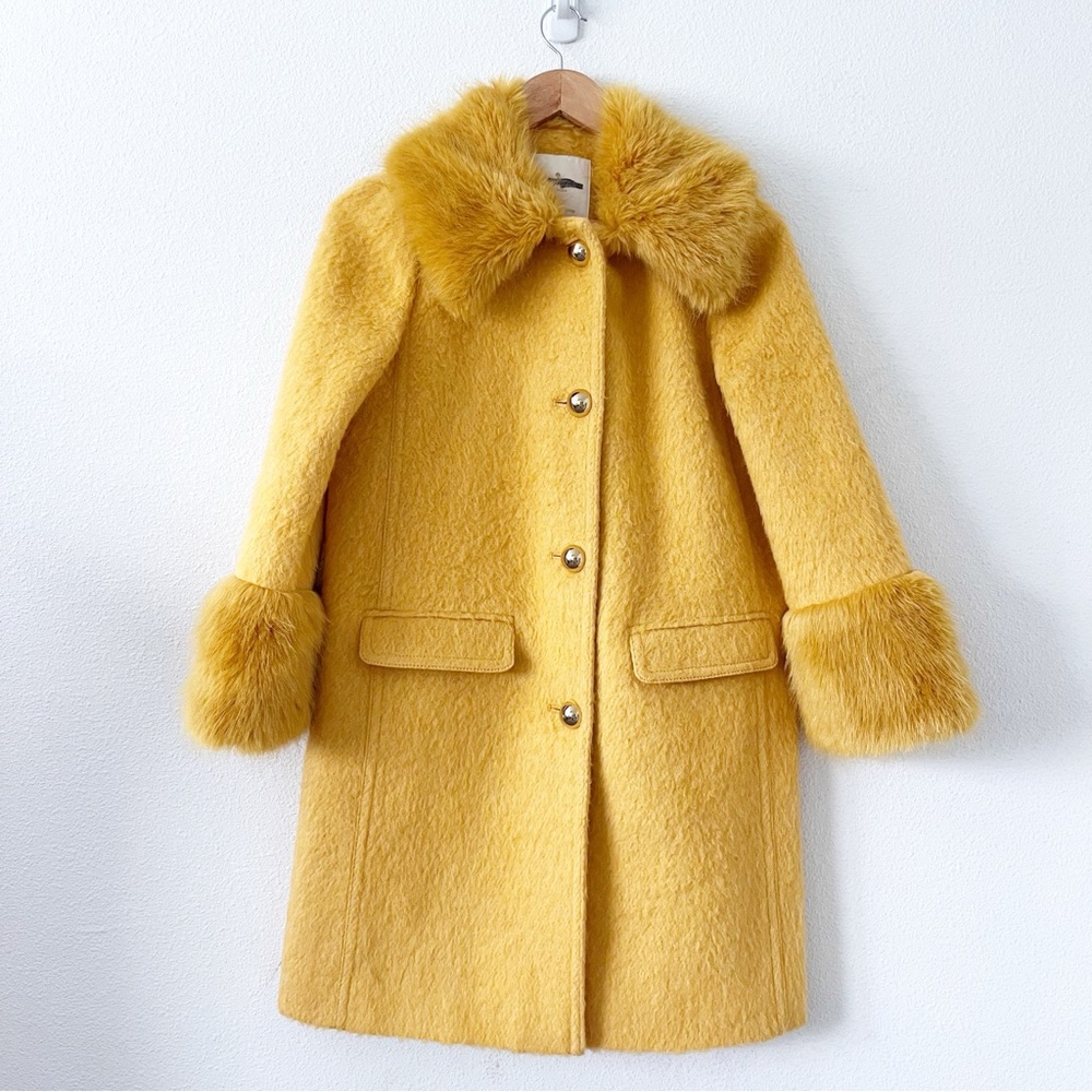 Kate Spade Fluffy Wool Faux Fur Trim Yellow Coat - Picture 4 of 10